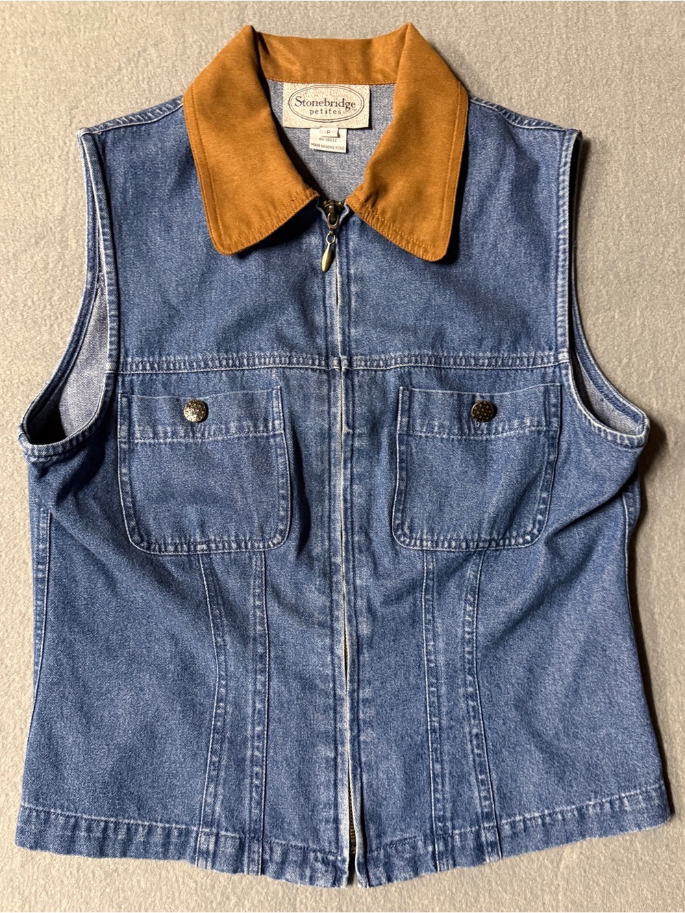Stonebridge Sleeveless Blue Denim Vest with Tan Collar